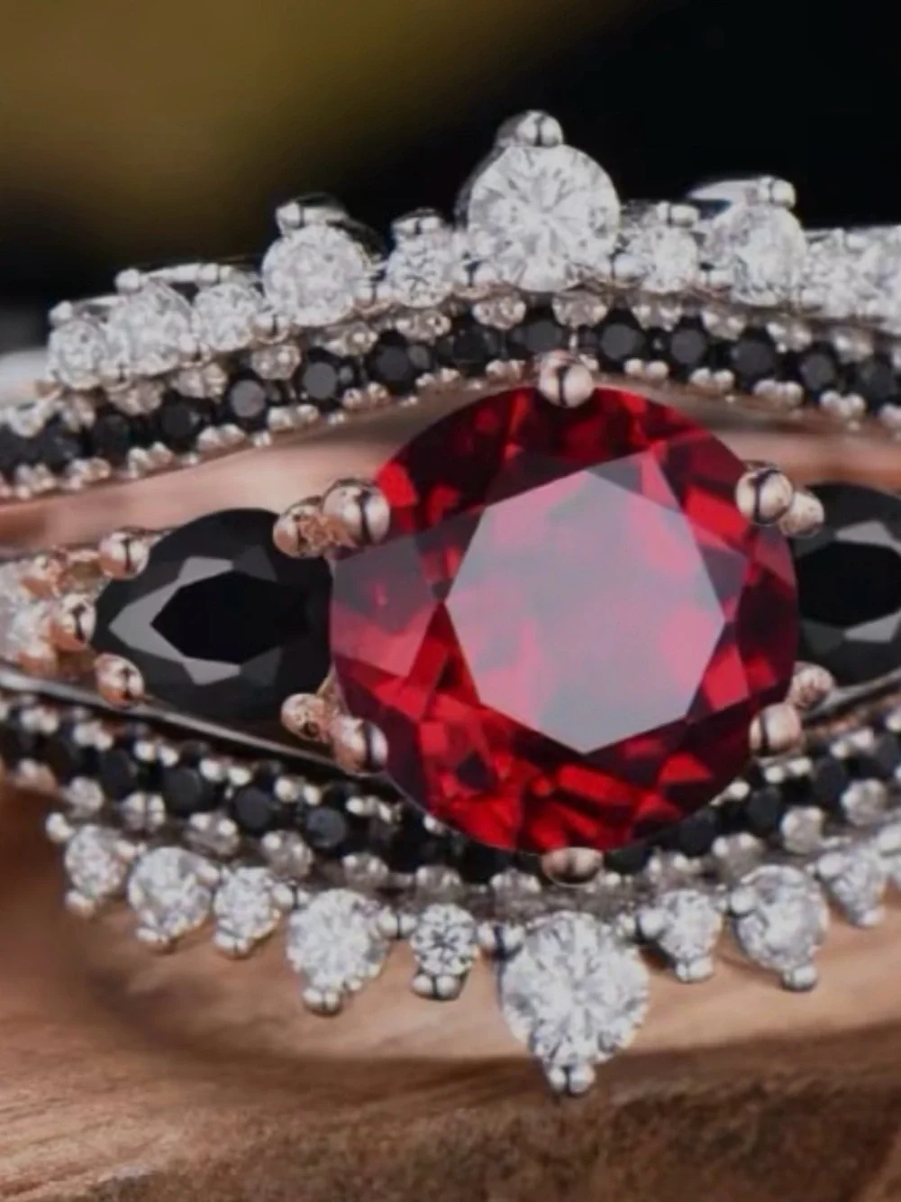 Elegant Red Crystal & Black Accent Ring - Women's Fashion Jewelry